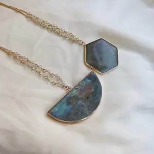 Natural Labradorite Stone Pendant Necklace, Hexagon Half Circle Boho Style Long Chain Necklace