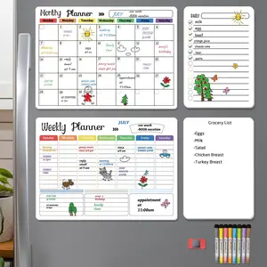 Magnetic Dry Erase Calendar Whiteboard Set, Including 4 Counts Monthly/Weekly/Daily/Blank Whiteboards, 8 Markers with Eraser & 1 Count Magnetic Accessories