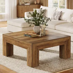 LITTLE TREE 39.4-Inch Square Coffee Table for Living Room, Farmhouse All MDF Accent Center Cocktail Table with Sturdy Wooden Legs, Easy Assembly