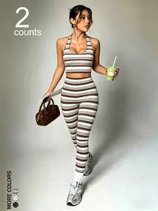 Women's 2-Piece Yoga Set, Casual Sporty Halter Top & Slim Long Pants, Polka Dot Pattern, Summer Wear, Comfortable & Breathable