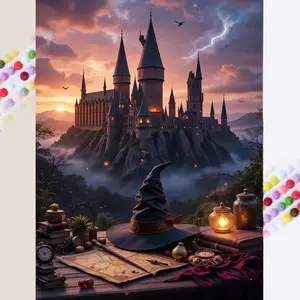 1pcs 5D DIY diamond painting kit, 5D diamond art set, DIY decoration, castle, magic hat, dusk diamond painting kit full round diamond DIY, mosaic, diamond art, Diamond Art Tools, DIY art home decoration, suitable for Halloween and Christmas, Crafts
