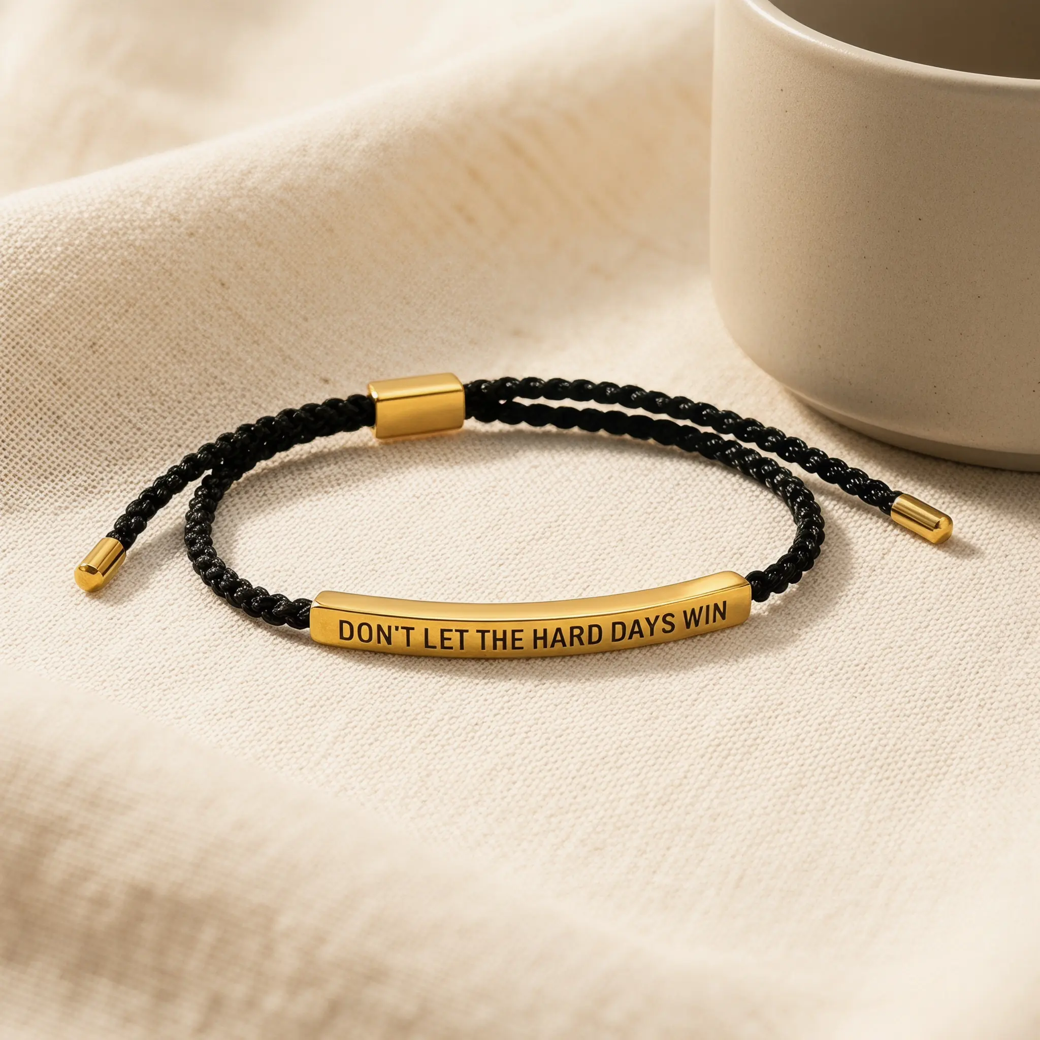 Adjustable Inspirational Quote Bracelet, "Don't Let The Hard Days Win" Engraved, Black/Pink Braided Cord, Encouragement Jewelry For Teens & Adults -YY0