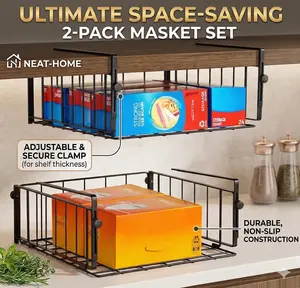 2-Pack Under Cabinet Organizer, No-Drill Adjustable Wire Storage Basket for Pantry & Laundry