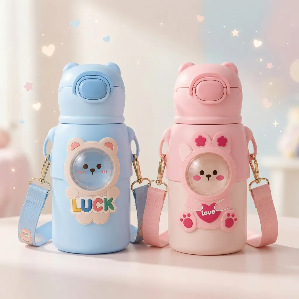 TinyHug Kawaii Kids Insulated Water Bottle 500ml - Leak Resistant Straw & Strap, Pink Bunny Blue Bear