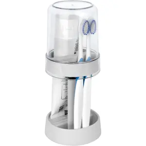 Covered Toothbrush Holder with Cup for Bathroom Countertop, Dust-Proof Stand with Adjustable Height for Electric & Regular Toothbrushes (White)