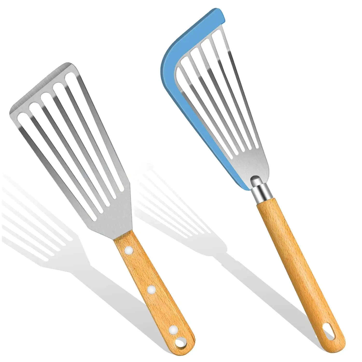 Fish Spatula, Silicone Fish Spatula For Nonstick Cookware, Flexible Metal Fish Spatula Stainless Steel Fish Spatula, Small Fish Slotted Spatula Turner, Spatulas Set, Wood Handle Fish Spatula