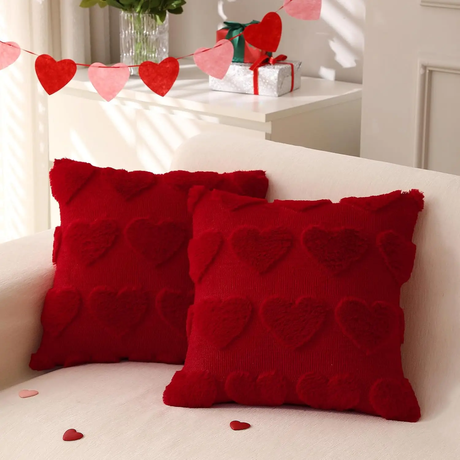 Valentines Day Throw Pillow Covers 18x18 inch Set of 2 for Valentines Day Decorations Red Soft Plush Faux Fur Wool Love Heart Pillow Covers for Sofa Living Room Couch Bed