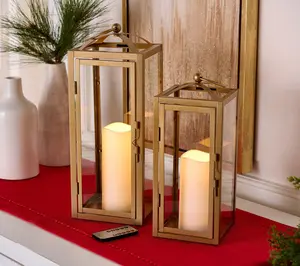 Kringle Express S/2 Flameless Metal Lanterns with Removable Christmas Bows