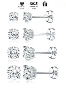 S925 Sterling Silver Zircon Inlaid Stud Earrings, High Quality Earrings, Studs Earrings, Classic Earrings for Women & Men, Trendy All-match & Exquisite Jewelry for Birthday Gift