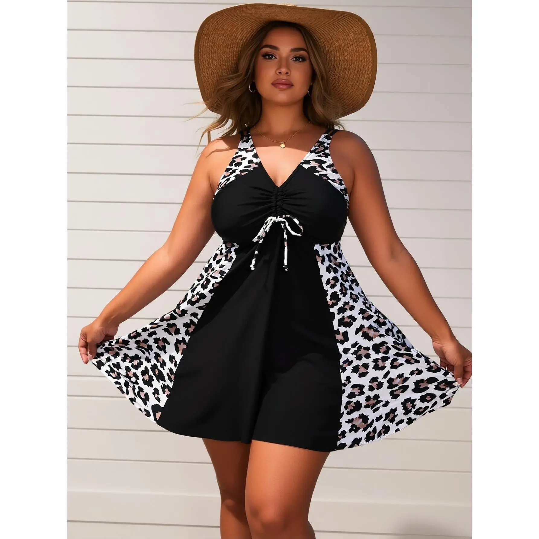 Black leopard print plus-size two-piece swimsuit dress with V-neck, pleated  front, and skirted bottom paired with boy shorts. Perfect for beach  vacations and pool parties one women's - TikTok Shop