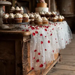 4-piece set, white semi-transparent tulle with pearls, 31*119 inches. Suitable for wedding ceremony decorations, table runners/bridal bouquets, holiday party decorations, Party decoration supplies, perfect for Christmas/Valentine's Day