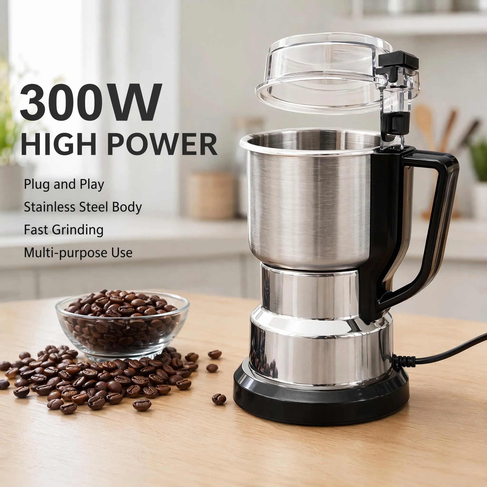 Springtok 300W Stainless Steel Electric Coffee Bean Grinder - Single Unit Multifunctional High-Power Mill, Plug-and-Play Kitchen Appliances for Home Use