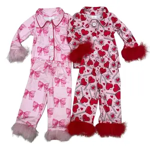 Girl Valentines day Outfit Red Fur Heart Girl Button Pajamas Set