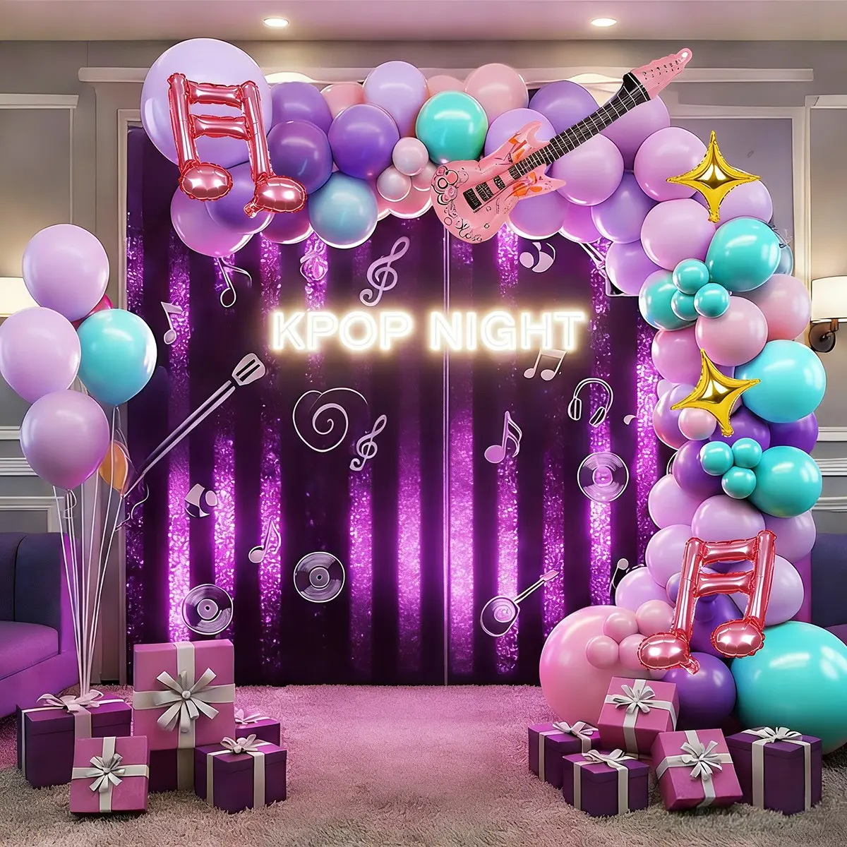 118pcs K-Pop Rock Music Theme Balloon Arch Set, Blue Balloons, Guitar Star Note Foil Balloons, Party Decorations, Music Events, Balloon Arch Kit