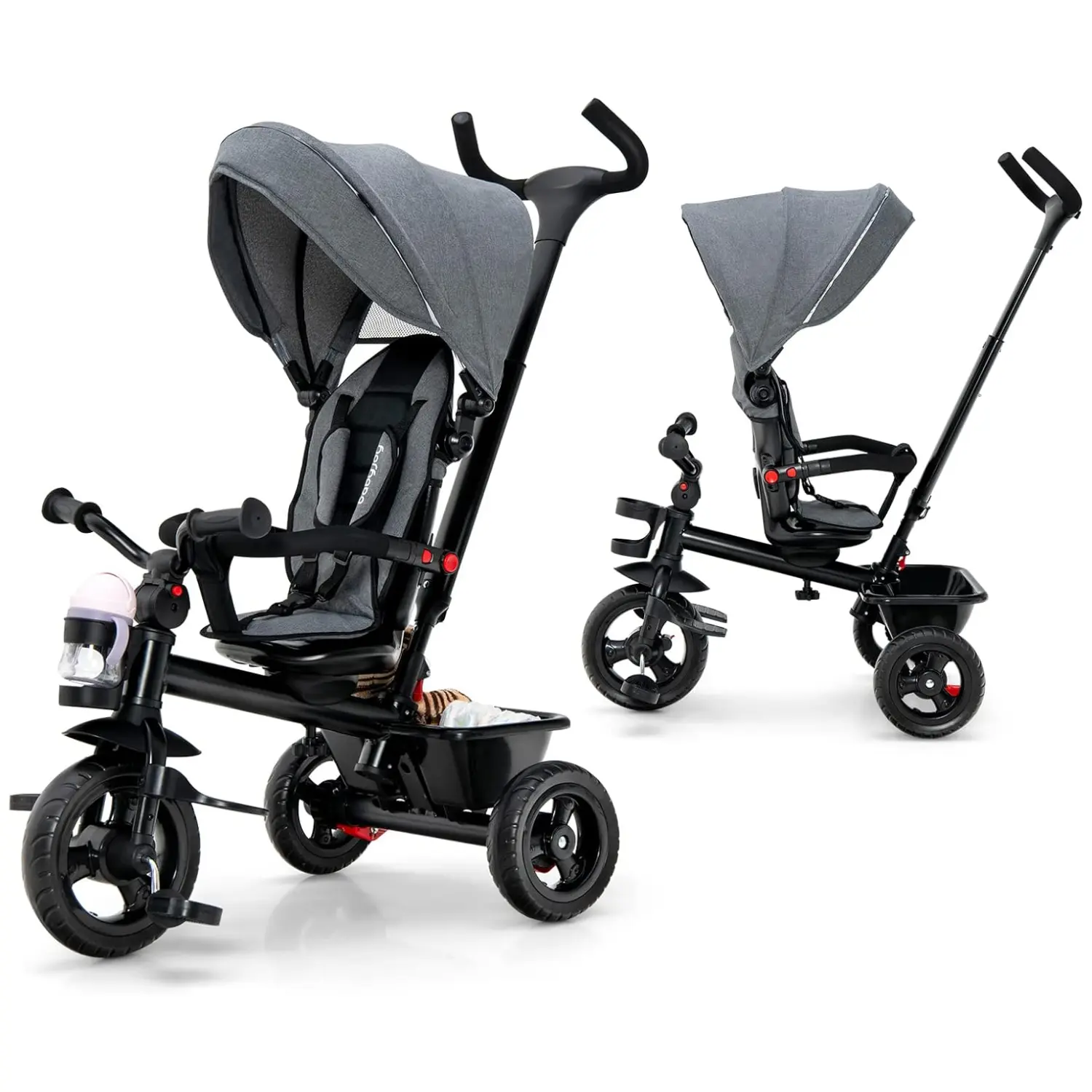 Costzon 5-in-1 Toddler Tricycle Pushchair, 1.5-5 Years Kids Ride-On with Removable Push Handle, Reversible Seat, EVA Wheels, Adjustable Canopy, Cup Holder & Storage