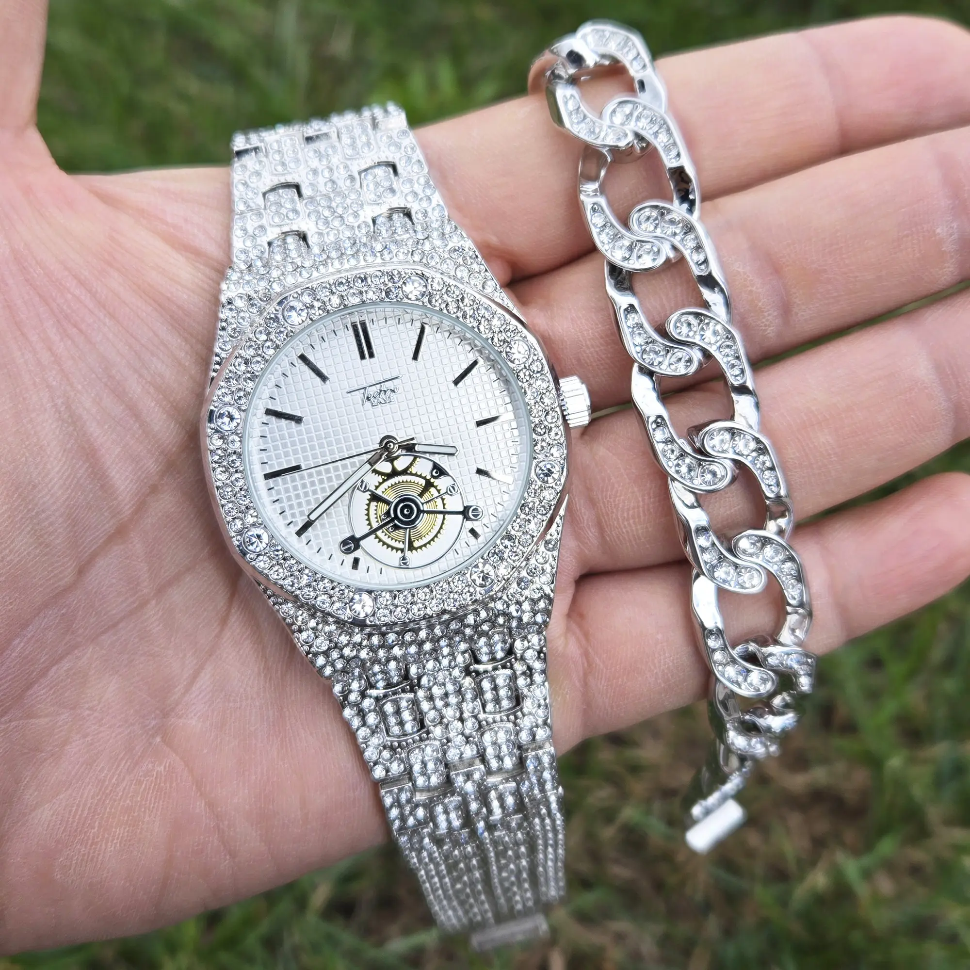 MaxBling81 Men's Iced Out Metal Watch and Bracelet Set, Hip Hop Silver-Plated Cuban Link with CZ Stones, 43mm Analog Quartz Watch with Removable Links