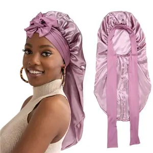 Light Purple Double-Layer Long Satin Bonnet Sleep Cap Adjustable Care Night Sleeping Cap for Women Braids Curly Hair Wrap for Bonnets with Tie Band