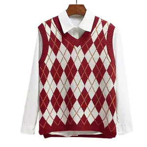Women's V Neck Knit Sweater Vest Argyle Plaid Preppy Style Sleeveless Crop Knitwear Tank