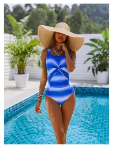 Women's One Piece Swimsuit - Blue Ombre Bathing Suit for Women, Twist Front Square Neck Tankini Swimwear, Stylish Beach Pool Swimsuit for Teens & Adults