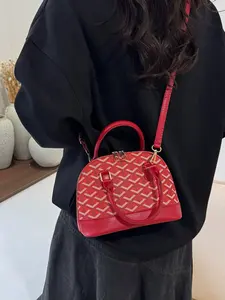 2026 New Geometric Print Dome Bag, Leather Trim Handbag, Luxury Commuter Shoulder Purse, Crossbody Design, Half Moon Purse