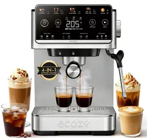 ecozy 4-in-1 Espresso Machine with Milk Frother, LED Touch Screen, 20 Bar Pump Espresso Maker, 50oz Removable Tank, Compact Stainless Steel, Drip Coffee, Cold Brew and Over lce Coffee Machine for Home Coffee Bar, Office, Latte, Cappuccino, Macchiato