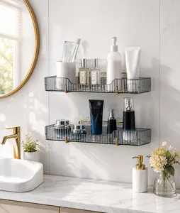 2pcs Adhesive Wall-Mounted Bathroom Storage Rack - Shower Shelf Caddy with Shampoo Gel Holder, Bathroom Organizing Accessories
