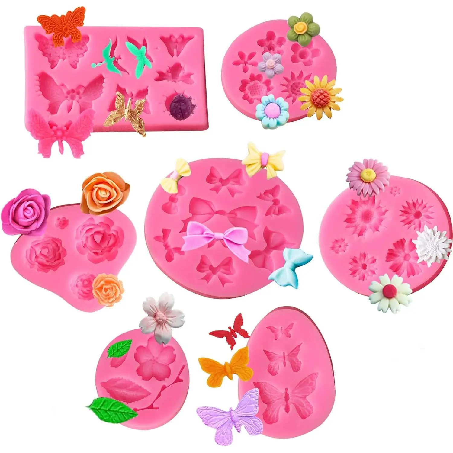 Flower  Mold,7 Pack for Rose, , Cake, Butterfly, Mini Bow, Cupcake, Jelly, Mini Muffins and Candy Making