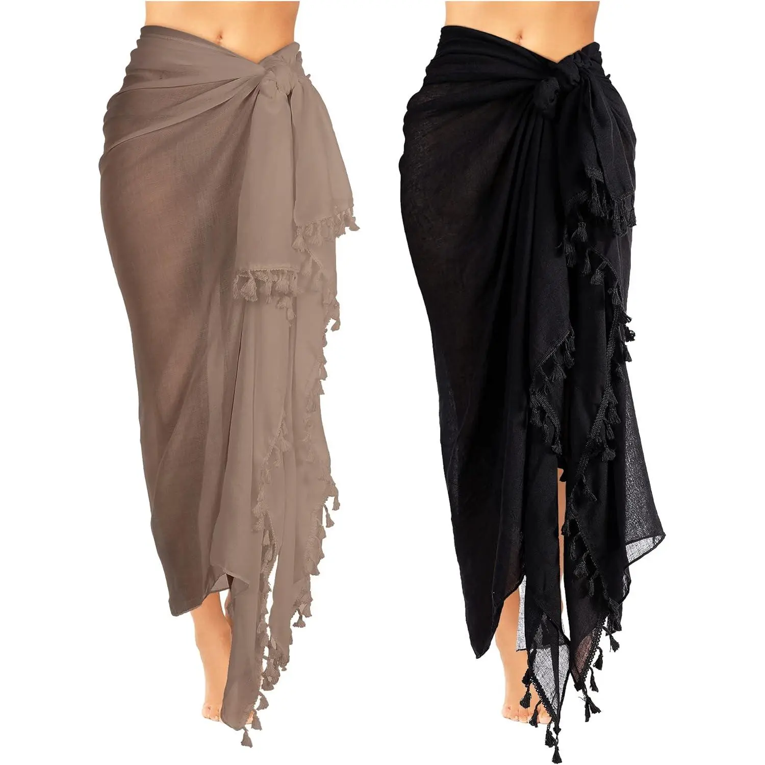 Women's 2-Pack Batik Sarong Swimsuit Coverups, Tasseled Long Wrap Pareo Scarf, Beach Coverups Women