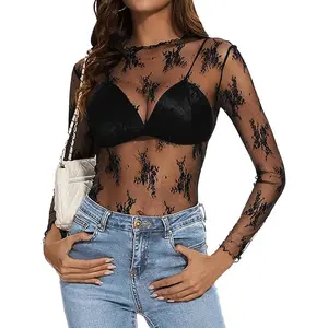 Household daily necessities materasu 2026 Womens Mesh Sheer Long Sleeve Layering Top Mock Neck Lace Floral See Through Shirt Blouses