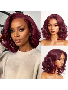 180% density Glueless lace frontal Wig, can be worn and removed immediately, 13x4 lace front wig for black women, short wig, wavy style, 8-16 inches, Redwig, Gift for ladies, Daily wear, Party and gathering, mixed wig (real hair and synthetic fibers)
