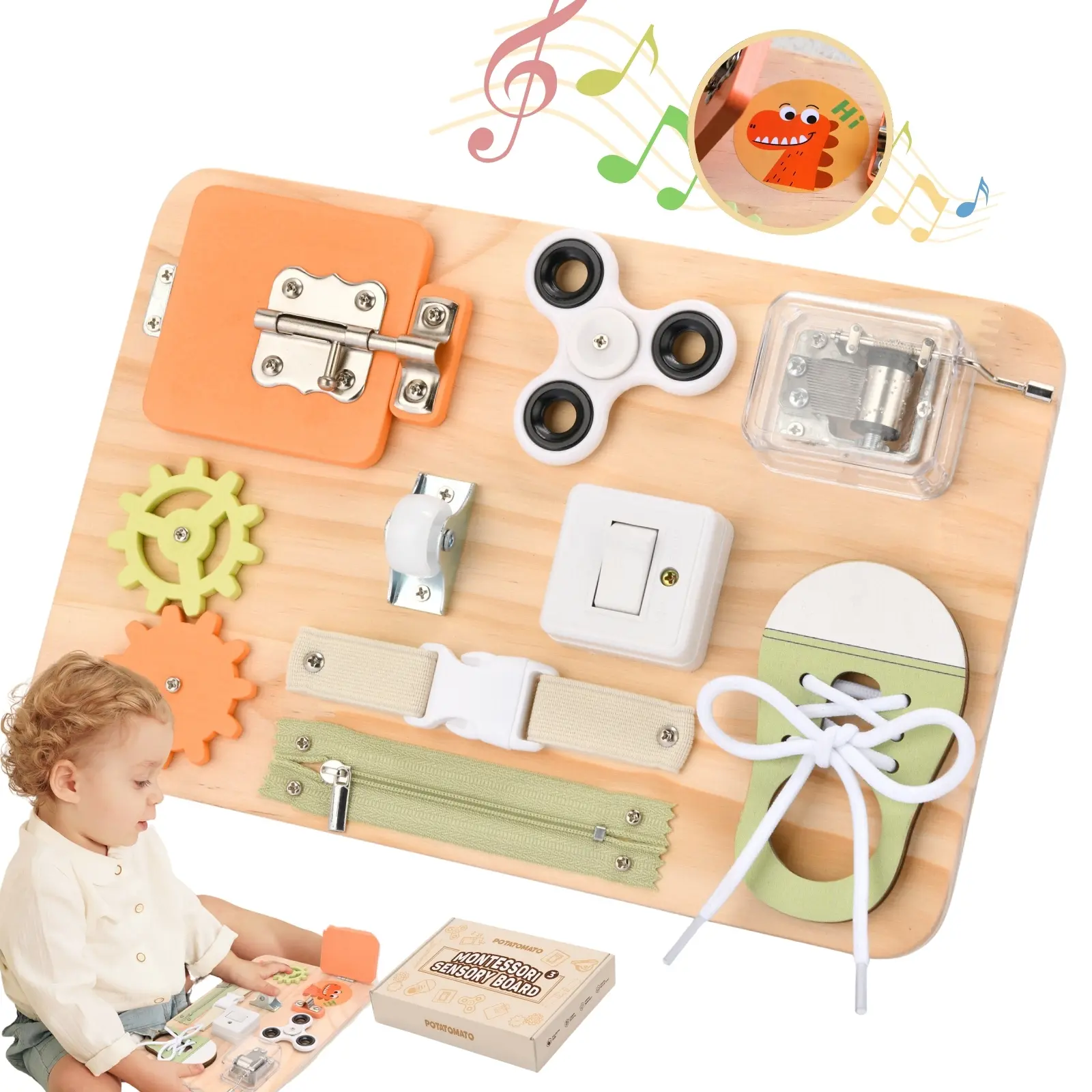 Potatomato Natural Wood Touch Unisex Fidget Busy Board Toy Set for 2-3 Years Toddlers - Sensory Fidget Toy, Preschool Learning Materials, Fine Motor Skills Development Tool