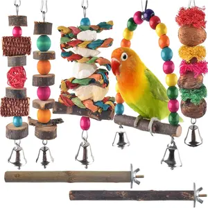 Bird Chew Toys, 7 Packs Parakeet Natural Wood Toys Parrot Hanging Cage Toy Perch Stand for Small Birds Conure Cockatiel Parrotlet Lovebird Budgie