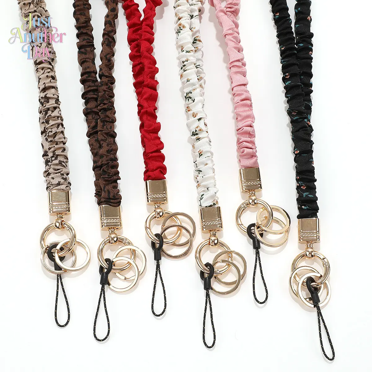 New Scrunchie Style Elastic Lanyard, stretchy pleated fabric strap with gold-tone hardware, multi-functional for ID badges, keys, and phones, available in trendy prints and solid colors, soft, comfortable, and durable for everyday use, Accessories, Mobile