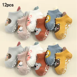 12-Pair Girls' Animal-Themed Slip-Resistant Boat Socks - Korean Style All-Season Soft Warm Winter Socks with Cute Lion, Bear, Rabbit & Fox Cartoon Characters, Non-Slip Sole for Baby & Little Girls, Cozy Casual Attire (Hand Wash/Dry Clean)