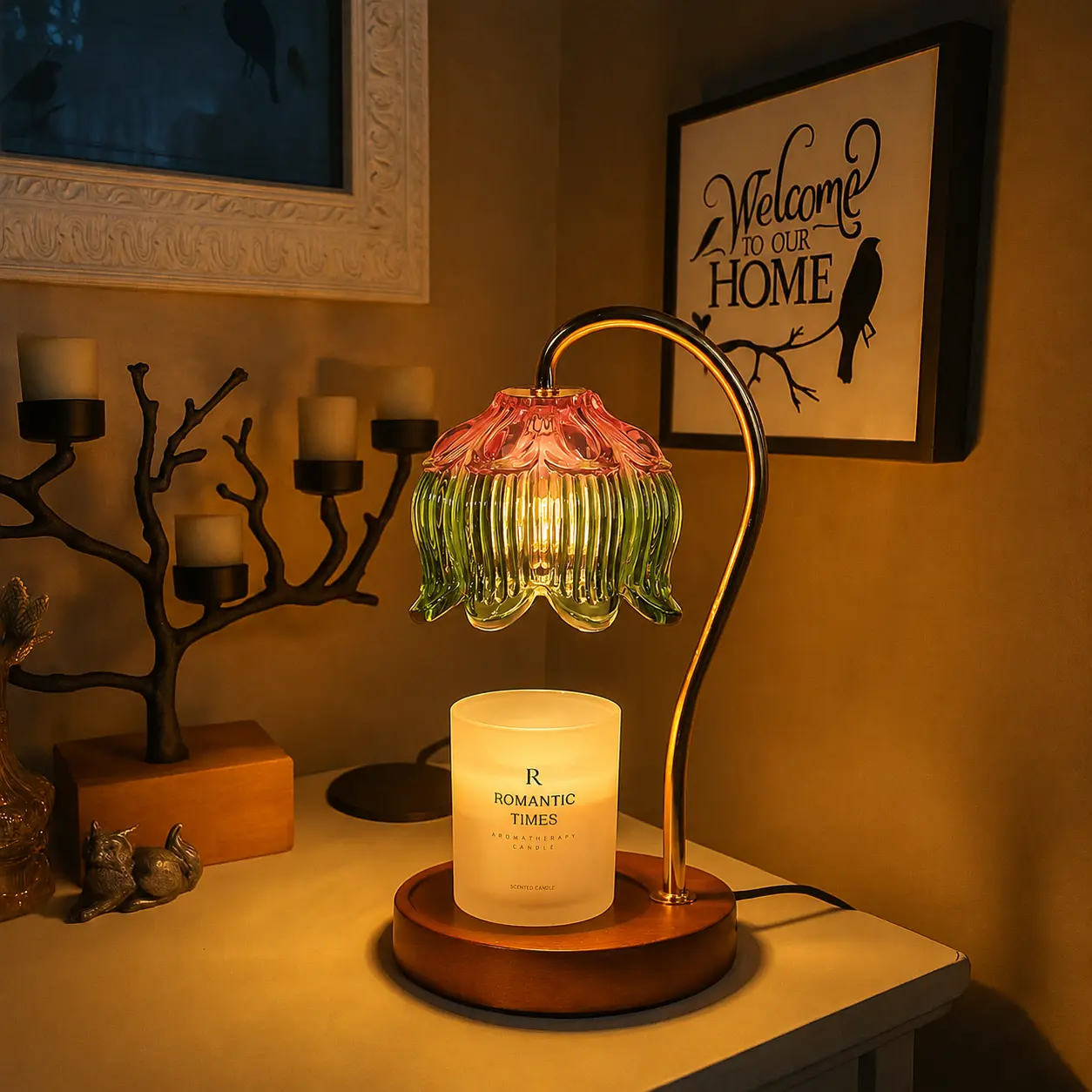 Floral Dimmable Candle Warmer Lamp | Pink Blossom Design Timer | Adjustable Warm Glow for Jar Candles | Elegant Bedroom & Living Room Decor | Thoughtful 2025 Gift for Women, Mom & Wife