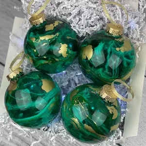 Emerald Green and Gold Alcohol Ink Epoxy Ornaments, 3”, plastic, Set of 4