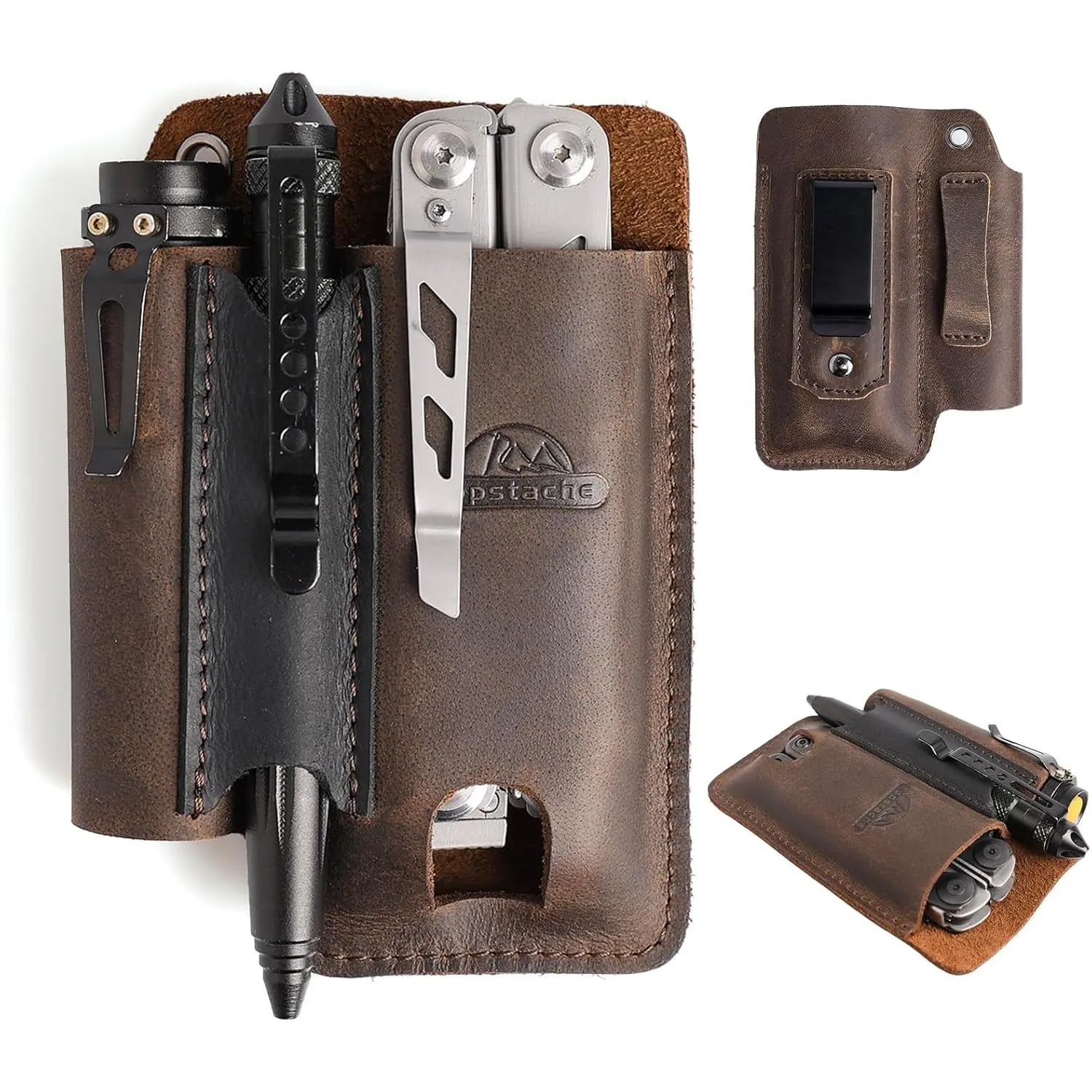 Dark Brown Leather Material Multitool Sheath with Belt Clip - EDC Tool Organizer for Flashlight, Pen