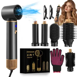 6-In-1 Hair Styling Brush Set with Gloves & Clips, 33,000 Rpm Hot Air Brush, Curling Iron, Straightener, Drying Tool for Smooth Hair