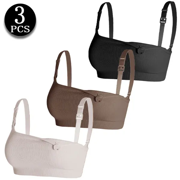 Women's 3-Pack Nursing Maternity Bras - S-XXL Plus Sizes, Front Buckle Clip, Wirefree, Ribbed Poly Spandex, Breathable All-Season Fabric, Seamless Panels, Plain Colors, Hands-Free Pumping Compatible, Pregnancy Essential, s