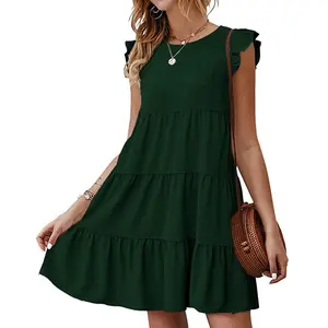 Women's Summer Dresses Sleeveless Ruffle Sleeve Round Neck Solid Loose Short Flowy Pleated Mini Babydoll Dress
