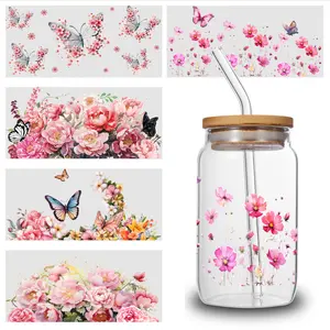 5 Sheets Floral Butterflies UV DTF Stickers Glass DTF Transfer Stickers UV DTF Transfer Stickers for Glass Cups Suitable for 16 oz Glass Cups Decoration Plastic Self-Adhesive Labels