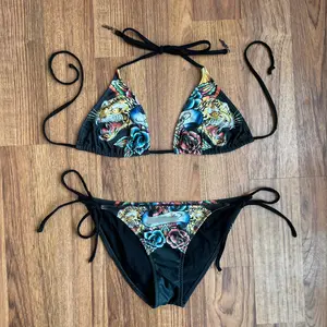 Vintage Y2K Black Tiger & Roses String Bikini Set – All-Over Print Swimwear For Women