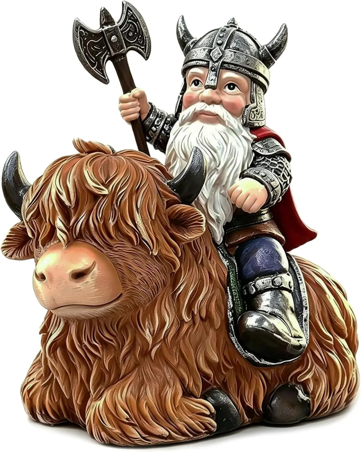 sangeren Viking Warrior Gnome Riding Highland Cow Statue - Hand-Painted Resin Sculpture Figurine, Indoor-Outdoor Home Decor for Yd Garden Patio, Unique Housewarming Gift, Yard Decor, Outdoor Safe