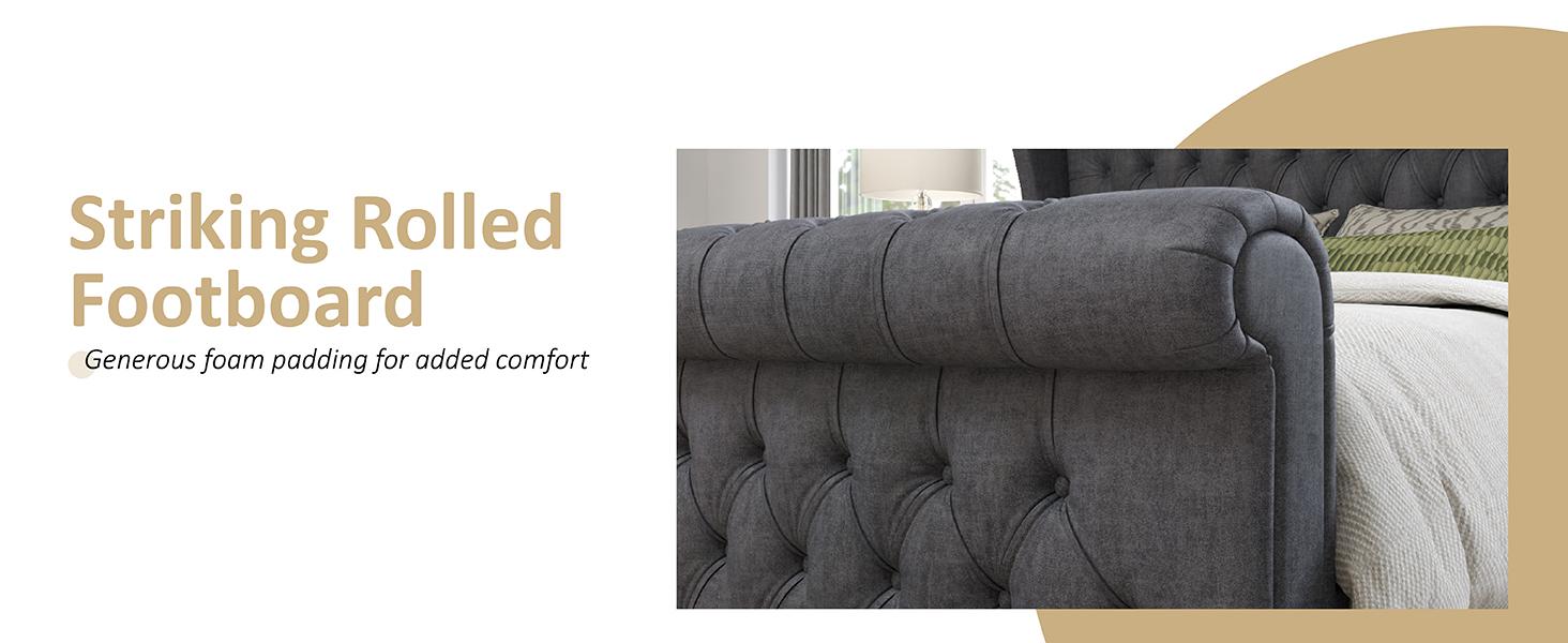 AMERLIFE Platform Bed Frame,Velvet Upholstered Sleigh Bed with Scroll Wingback Headboard&Footboard/No Box Spring Required/Christmas Gift/Best Gift Ideas