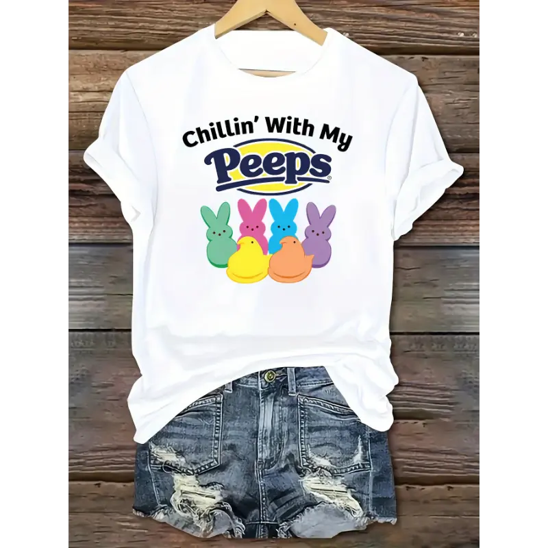 [100% Cotton] Women'S Easter Bunny Graphic T-Shirt - Casual Crew Neck Short Sleeve T-Shirt With "Chilling With My Friends" Printed Spring Summer Green Polyester Blend Top T-Shirt For Men And Women