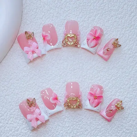 10pcs Y2K Duckbill Press On Nails Set, Decorative Nails, Fake Nails, Salon Quality Nails, Handmade Gradient French Style, Petals, Butterfly Knots, Gold Heart, Rhinestones, Pearls, Flower Design Nails, Suitable for Women and Girls Party, Daily Wear, Gifts