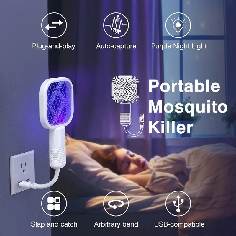 1/2 PCS Plastic USB Rechargeable Compact Portable Electric Bug Zapper Racket - 2-in-1 UV Light Mosquito Fly Trapper, LED Night Lamp, Camping Mosquito Zapper for Living Rooms Indoor Household Use