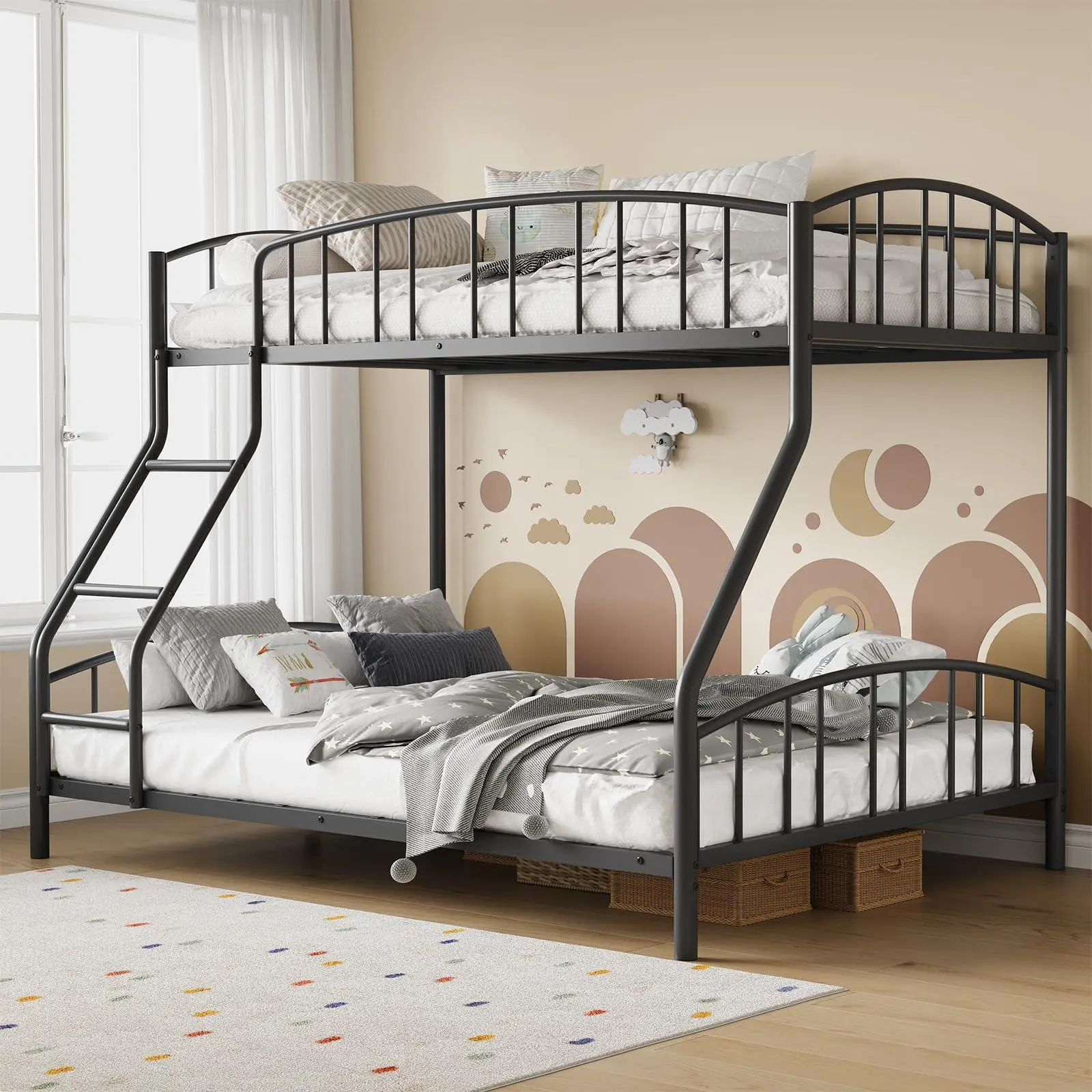 Garvee Bunk Bed Twin Over Full with Ladder and Arched Guardrail, Heavy Duty Bunkbeds Frame with Sturdy Steel Slats Support for Kids Boys Girls, Space-Saving, No Box Spring Needed, Black