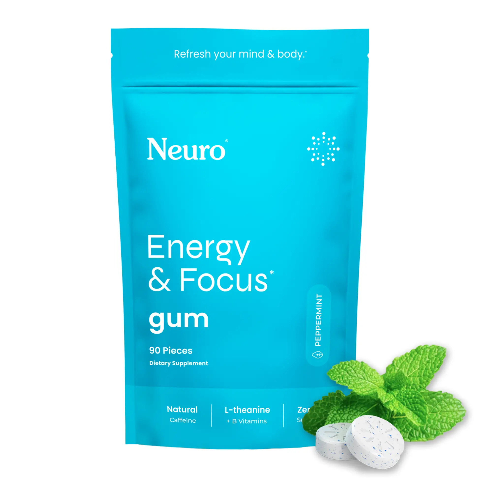 Neuro Energy Caffeine Gum/Mints for Energy & Focus (90 Pieces) - Sugar-Free with L-theanine, Caffeine, Vitamin B12 & Vitamin B6 - Peppermint Flavor