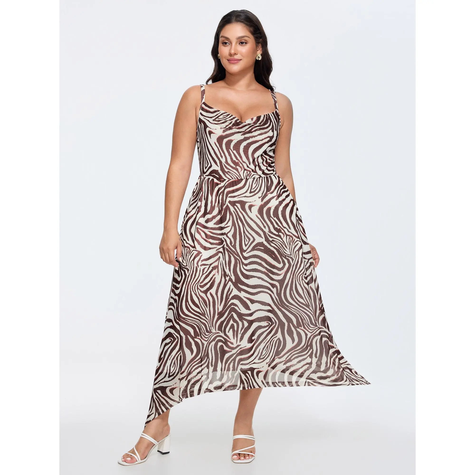 BloomChic Women's Plus Size Romantic Zebra Print Stretch Polyester Midi Dress with Asymmetrical Hem and Side Pocket, Spandex, Garment, Plus Size Clothes, Curvy Clothing, Stretchy Fit, Fabric, Casual, Curvy Dresses Plus Size